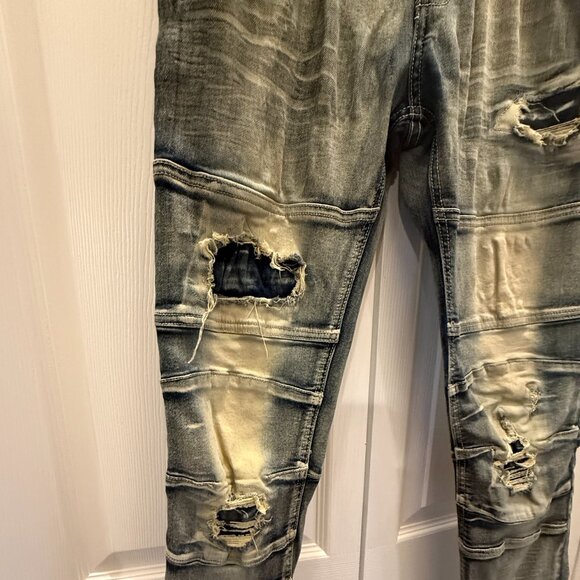 TAKER Blue Distressed Men's Jeans 30x32  (32 inseam/ 30 waist measured) stretch - Picture 13 of 15